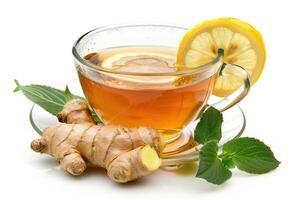 Cup of ginger tea with lemon and mint isolated on white background. photo