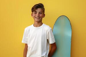 Smiling teen boy with a skateboard on a yellow background. photo