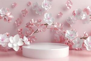 3d round podium and cherry blossom flowers on pink background. photo