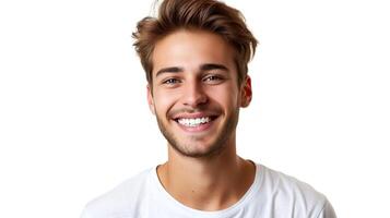 Portrait of a handsome young man smiling, isolated on white background. photo