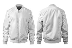 Blank white bomber jacket isolated on white background. photo