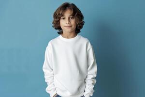 Cute boy in a white sweatshirt on blue background. Kids sweatshirt mockup. photo