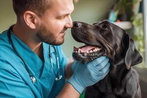 Veterinarian examining a labrador retriever puppy in a veterinary clinic. photo