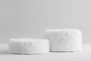 3d white fluffy round podiums, pedestal or platform with flowers for product presentation. photo