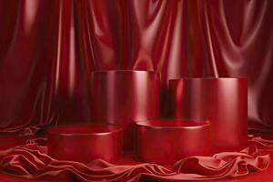 3d red silk background with podiums and drapery. photo