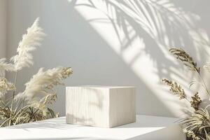 3d minimal product display podium with pampas grass background. photo