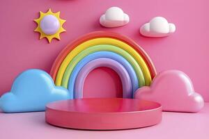 3d pink podium with rainbow and clouds. photo