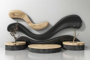 3d abstract minimal geometric shape composition, black and wooden podium for product presentation. photo