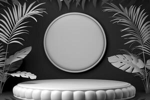 3d white round podium with palm leaves on black background. photo