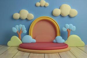 3d minimal scene with podium and clouds, trees. photo