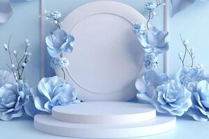 3D blue round podium, pedestal or platform with flowers for product presentation. photo