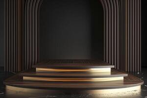 3d wooden and gold podium for product presentation. photo