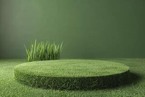 3d green grass podium, pedestal or platform for product presentation. photo