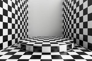Black and white checkered room with a round 3d podium. photo