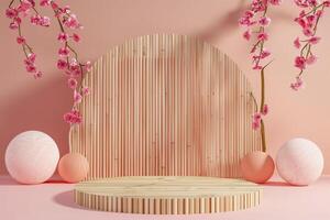 3d wooden podium for product display with flowers on pink background. photo