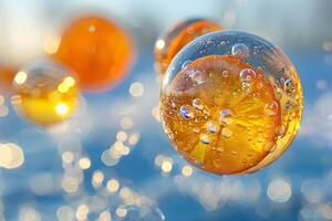 Close-Up of Sliced Oranges in Transparent Bubbles with Abstract Bokeh Background photo