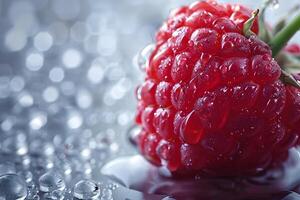 Close-Up of Fresh Raspberry with Water Droplets on Silver Surface - Perfect for Food Photography, Prints, and Design Projects photo