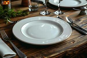 Elegant Dinner Table Setting with White Plate, Utensils, and Glasses for Fine Dining Experience photo