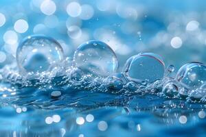 Shimmering Water Bubbles with Sparkling Bokeh on Blue Background - Abstract Nature Concept for Posters or Backgrounds photo