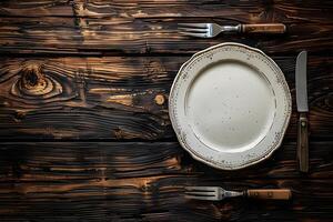 Rustic Dining Concept with Empty Plate and Cutlery on Wooden Table Perfect for Restaurant Menus, Food Blogs, and Culinary Adventures photo