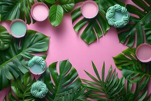 Tropical Leaf Background with Cupcake Liners and Frosting Swirls for Party Invitations and Design Projects photo