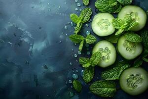 Fresh Cucumber Slices with Mint Leaves on Wet Textured Surface for Healthy Eating Concept photo