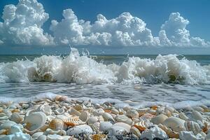 Scenic Coastal Landscape with Beach Shells and Ocean Waves under a Cloudy Sky - Ideal for Nature Print, Postcard Design photo