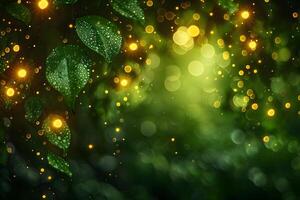 Enchanted Forest Foliage with Dew Drops and Glowing Bokeh for Nature Themed Backgrounds and Posters photo