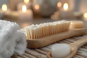 Spa Essentials Close-Up of Natural Bristle Brush with Soap and Towels in Candlelit Ambiance photo