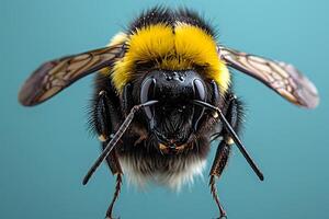 Close-Up Macro Photography of Bumblebee on Teal Background for Nature and Insect Studies photo