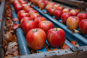 Autumn Apple Harvest Processing - Fresh Apples on Conveyor Belt with Fall Leaves photo