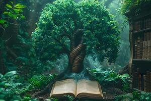 Enchanted Tree Growing from Open Book in Mystical Forest Library - Concept Art for Fantasy Literature photo