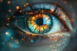 Close-Up of Reflective Human Eye with Digital Sparks - Concept for Vision, Technology, and Imagination photo