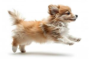 Playful Puppy in Mid-Air Jump on White Background - Perfect for Posters, Cards, and Prints photo