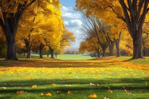 Autumn Landscape with Golden Trees in a Park, Perfect for Nature-Themed Cards, Posters, and Prints photo