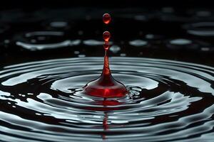 Red Liquid Droplet Splash Creating Ripples in Dark Water - Concept of Purity and Fluid Dynamics for Science and Art Projects photo