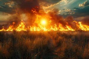 Fiery Landscape at Sunset - Intense Wildfire in Grassy Field Under Dramatic Sky - Environmental Impact photo
