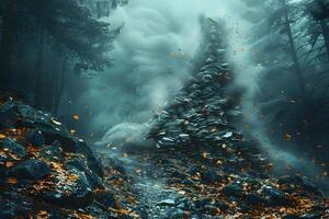 Mysterious Forest Path with Floating Rock Formation and Falling Autumn Leaves - Enchanted Nature Wonderland for Fantasy Designs photo