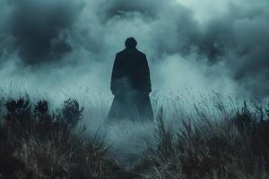 Mysterious Figure in Foggy Wilderness Dark, Atmospheric, and Dramatic Scene for Posters or Book Covers photo