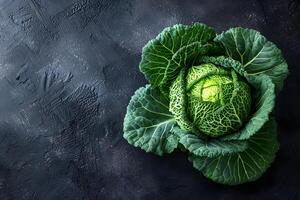 Fresh Savoy Cabbage on Dark Background - Vibrant Green Vegetables for Healthy Cooking, Design, Posters, and Nutritional Content photo