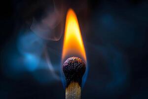 Close-Up of a Burning Matchstick with Flame and Smoke for Conceptual Art and Design photo