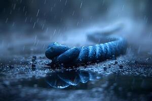 Abstract Coiled Object in Rain with Water Droplets on Reflective Surface - Perfect for Artistic Posters and Backgrounds photo