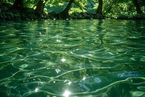 Serene Forest Lake with Sparkling Sunlight Reflections - Nature Photography for Relaxation and Calm photo