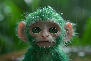 Adorable Green Furry Creature in Rainforest Environment - Nature, Wildlife, Rain, Close-up photo