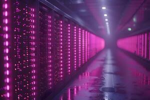 Futuristic Data Center With Vibrant Pink Lighting - Technology Infrastructure for Cloud Computing and Big Data Solutions photo