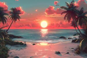 Idyllic Tropical Sunset Over Serene Beach with Palm Trees and Sailing Boats photo