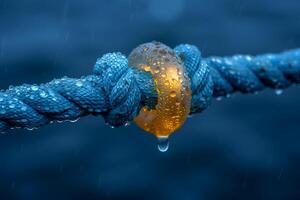 Nautical Knot with Raindrops on Blue Rope and Yellow Loop - Marine, Resilience, Sailing, Macro Design for Posters and Prints photo