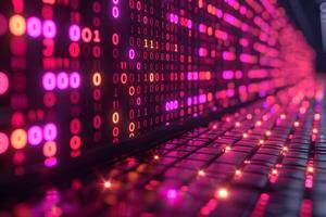 Digital Data Flow on Keyboard with Binary Code Background for Technology and Cybersecurity Design photo