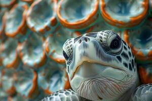 Marine Wildlife Concept Close-Up of a Sea Turtle with Detailed Shell Patterns- Ideal for Nature and Wildlife Prints and Posters photo