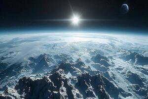 Stunning Sunrise over Frozen Planet with Icy Mountains and Distant Moon Ideal for Science Fiction Designs photo